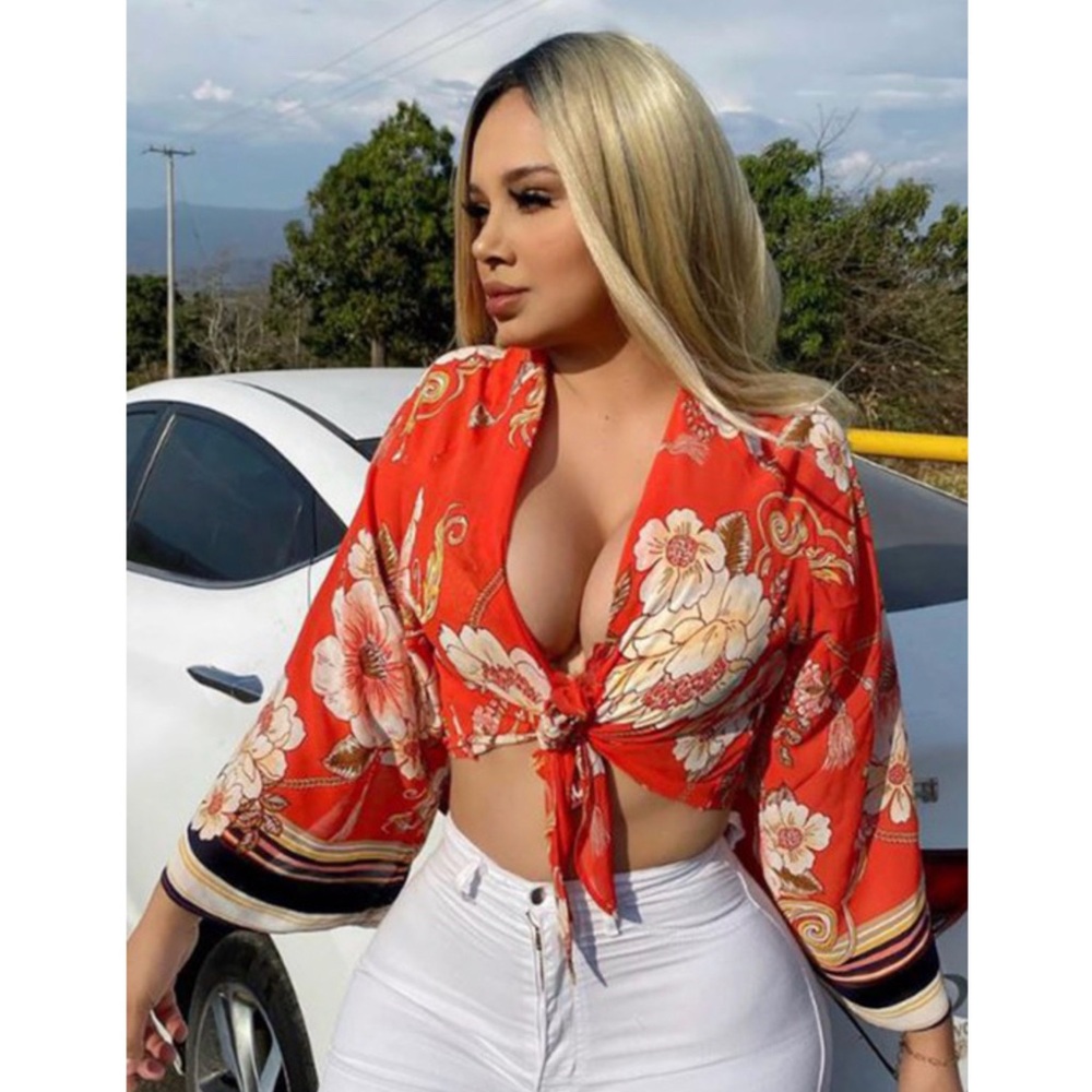 Floral Tie-Front Blouse - Red - Picture 8 of 14